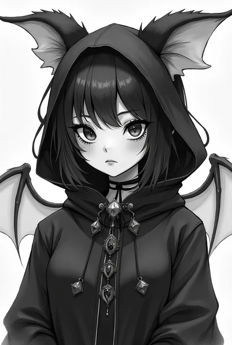 Dessin en noir et blanc dune  en costume de chauve-souris de style creepy cute