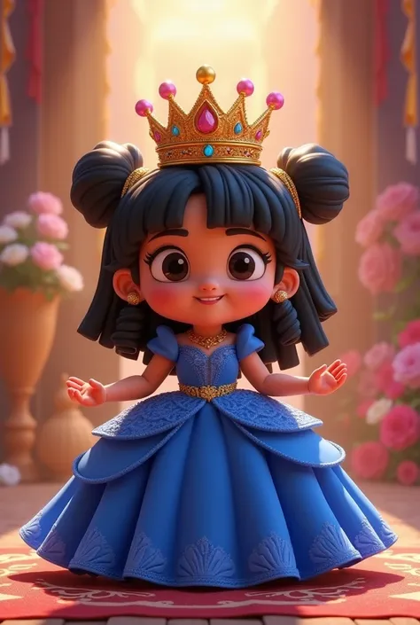 Animated Quinceañera, chubby, king,  back with black hair with blocks, crown and the royal blue dress 