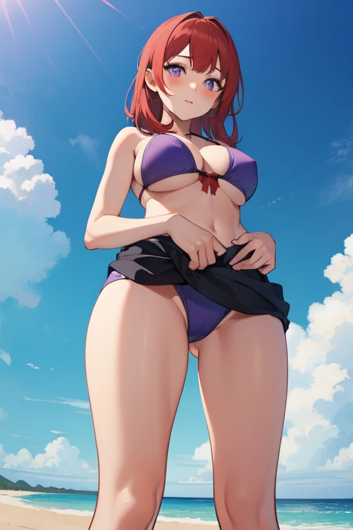 ((Best Quality)), ((masterpiece)), (detailed), 1 girl, with a blue and purple bikini,((hands on waist)), landscape of a beach, Red hair, violet eyes,(( looking at the viewer)),((Whole body)),((view from below))