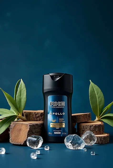 Take a photo in the studio with AXE Apollo spray deodorant, uses elements such as wood, sage leaves and drops of freshness, use a navy blue studio background