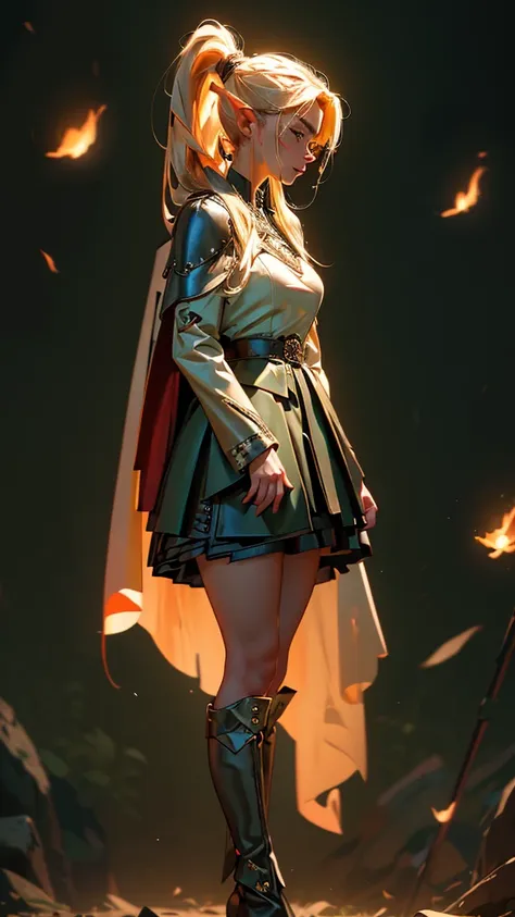 envision a 8k, highres, cinematic, beautiful full body splash art of a woman with blonde hair in a ponytail braid, red eyes, Military Dress, Tactical Skirt, Elegant Green Cape, long brown boots, Elf ears, tan skin,Fantasy accessories, in dark lighting, aga...