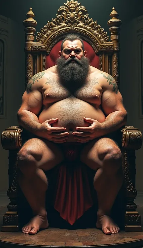 god on his throne ruling, NSFW, nude, Open legs, hair from navel to groin,Totally without clothes,Flaccid penis, hairy testicles Chubby, Hairy, Bearded, high resolution, ultra-detailed , sharp focus, intricate details, Holding your big belly, high resoluti...