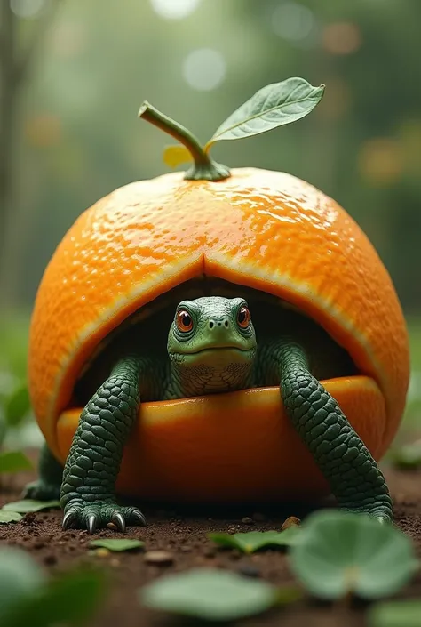 A turtle in the body of an orange 

