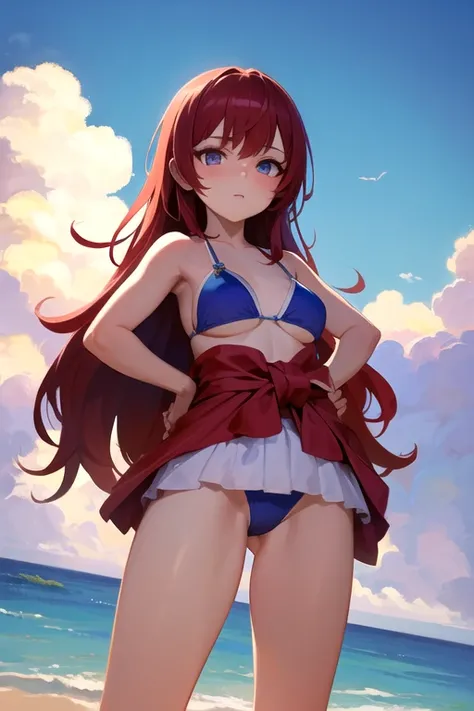 ((Best Quality)), ((masterpiece)), (detailed), 1 girl, with a blue and purple bikini,((hands on waist)), landscape of a beach, Red hair, violet eyes,(( looking at the viewer)),((Whole body)),((view from below))