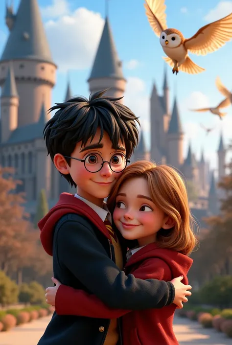 Create image of characters Harry Potter and Hermione smiling. Harry with his arm around Hermione&#39;s shoulders and she hugging him around the waist. one side of the other. Wearing his Hogwarts clothes and cloak. In the background, Hogwarts castle and owl...