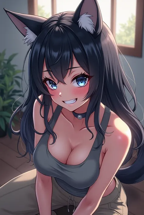 Anime, hentai, black hair, wolf ears, grey collar, grey tank top, beige sweatpants, looking over shoulder, evil grin, blue eyes, :3