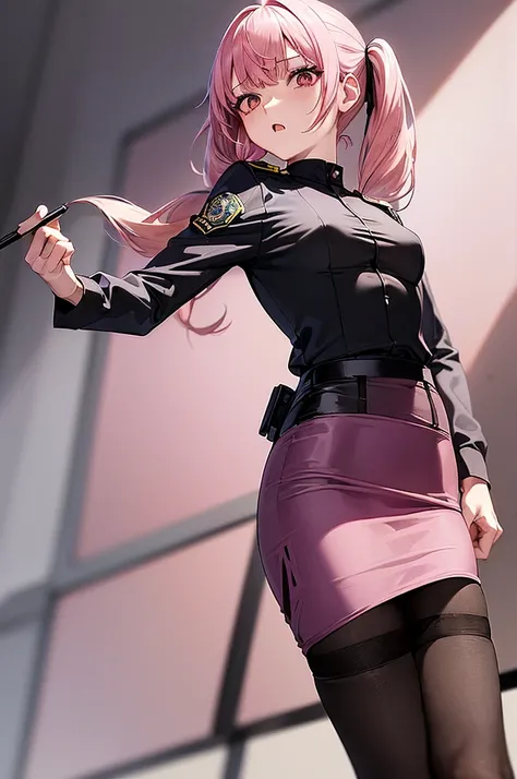 masterpiece, best quality,anime style, 1 girl,(((slender body))), (((small breast))),(((police officer uniform,pencil skirt,black pantyhose))), (beautiful face), (((short twintail))), (((straight hair))), ((((pink hair)))),detailed beautiful skin, (perfect...