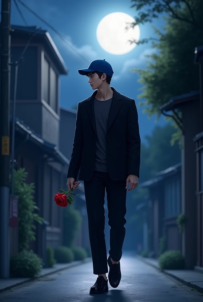 A boy, age 20, wear blue cap, smile in her face, black dresses walk in the street, a red rose in her hand, in moonlit night 