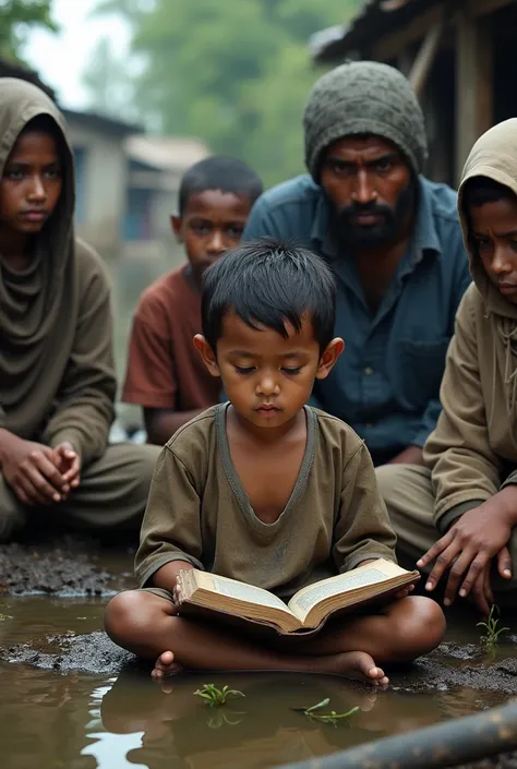 Realistic photo. Poor family. Poor child reading Al Quaran. Family members listening to him. Floody area Bangladesh.