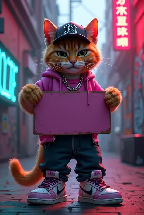 Urban cat with a cap, fuchsia t-shirt holding a sign in his hands, in urban hip hop form, full-length Nike sneakers, dark pants