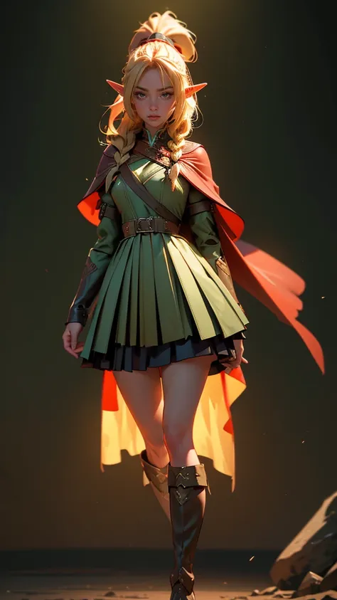 envision a 8k, highres, cinematic, beautiful full body splash art of a woman with blonde hair in a ponytail braid, red eyes, Military Dress, Tactical Skirt, Elegant Green Cape, long brown boots, Elf ears, tan skin,Fantasy accessories, in dark lighting, aga...