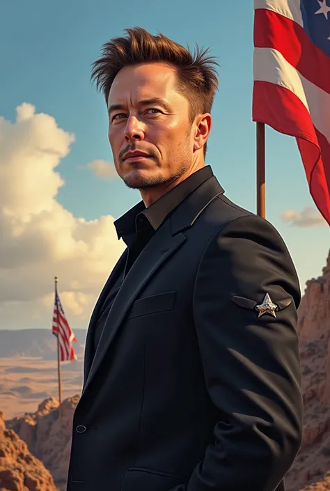 A visionary tech mogul, Elon Musk is portrayed in stunning detail. Elon Musk, standing in a beautiful setting with a Freedom Flag in the background, his sharp features exude determination, framed by tousled hair and piercing eyes that seem to peer into the...