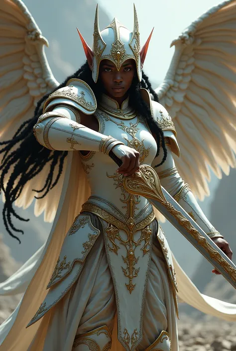 an rpg character, a black-skinned elf wearing medieval armor covering her entire body, this armor is white and gold with a winged helmet with dreadlocks coming out of this helmet, She wields a double-bladed sword made of gold and silver