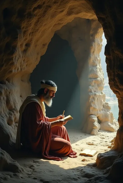 Make a picture of a Greek man writing a book inside a cave