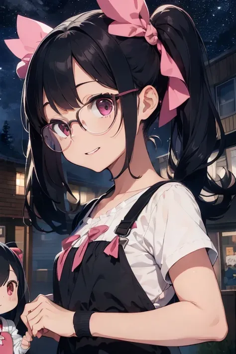 1 female, as a child, child body, pink twintail hair, pink eyes, black hair ribbon, glasses, , doll store, playing a dolls, happy face, dark sky, midnight 