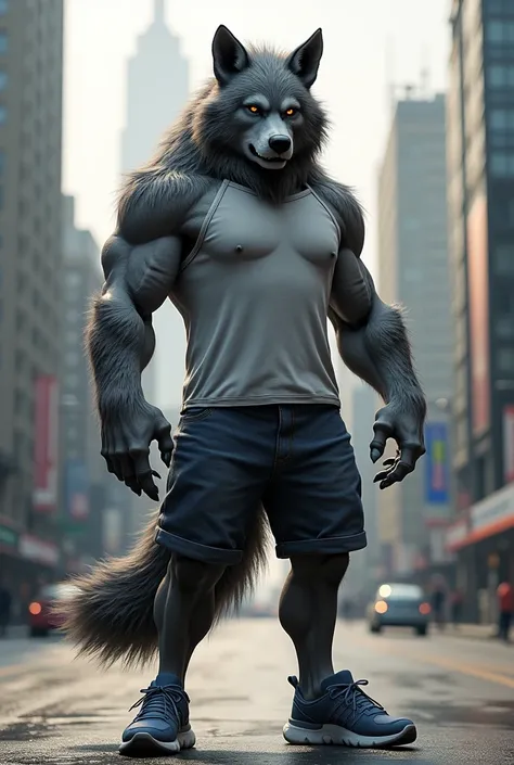 MUSCLE WOLF IN A SHIRT AND SHORTS AND BLUE SNEAKERS IN THE CITY 
