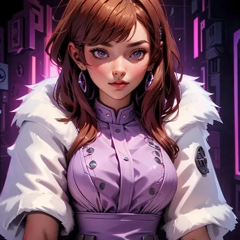 envision a 8k, highres, cinematic, beautiful close up portrait art of a woman with big breasts and wide hips with warm brown hair, long bangs, purple eyes, Military Dress, Tactical Skirt, Fluffy short Cape,cyberpunk armor, Tactical accessories, sunglasses,...