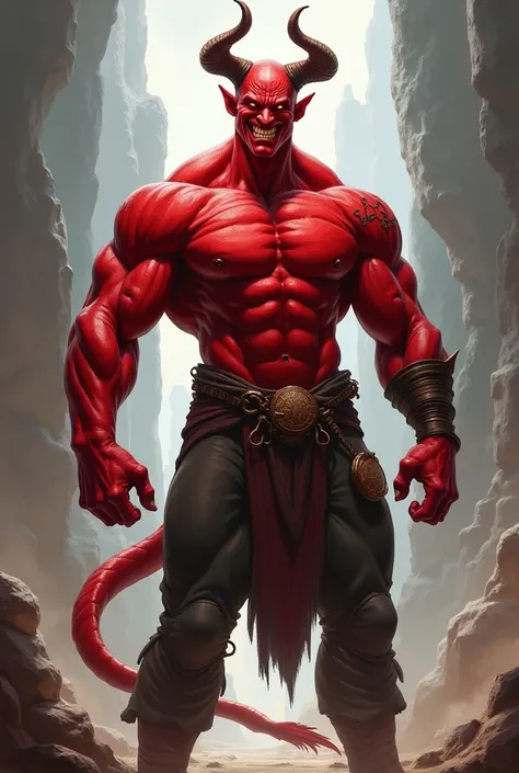 Thiefling race Dwayne Johnson with red skin with smiling with Thiefling tail