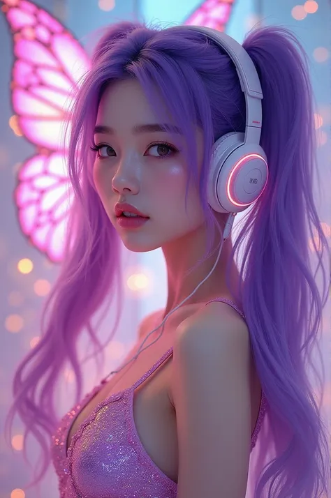 Korean purple hair butterfly woman with headphones and pigtails and pink and purple outfit glittery dress