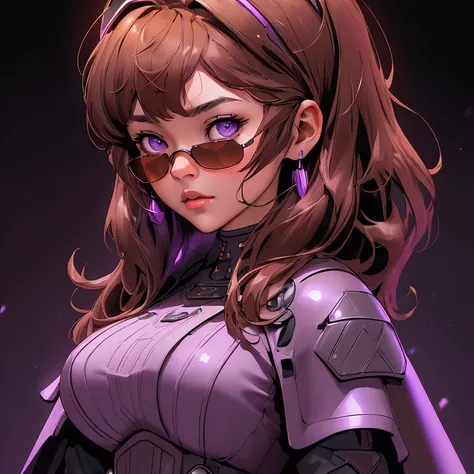 envision a 8k, highres, cinematic, beautiful close up portrait art of a woman with big breasts and wide hips with warm brown hair, long bangs, purple eyes, Military Dress, Tactical Skirt, Fluffy short Cape, cyberpunk armor, Tactical accessories, sunglasses...