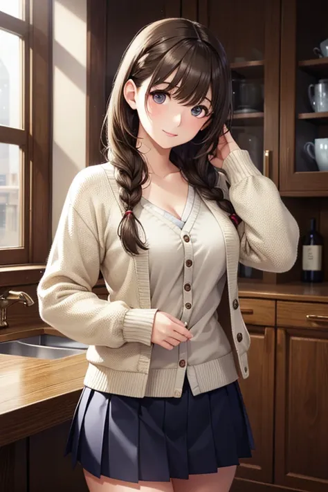 anegasaki nene、Shiny brown hair, , (Beautiful brown eyes、Sparkling eyes, Fine grain)、smile、Ultra-detailed eyes、非常にDetailed face, Highly detailed eyes,Cowboy Shot Table Top, (Highest quality), 1 female,One Girl , Braiding, single Braiding, Hair Intake, Hair...