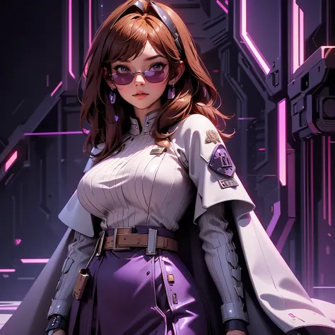 envision a 8k, highres, cinematic, beautiful close up portrait art of a woman with big breasts and wide hips with warm brown hair, long bangs, purple eyes, Military Dress, Tactical Skirt, Fluffy short Cape, cyberpunk armor, Tactical accessories, sunglasses...