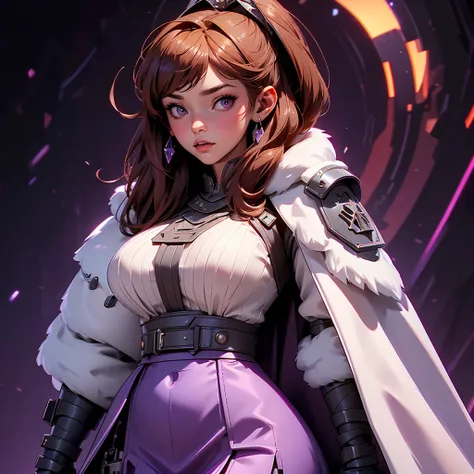 envision a 8k, highres, cinematic, beautiful close up portrait art of a woman with big breasts and wide hips with warm brown hair, long bangs, purple eyes, Military Dress, Tactical Skirt, Fluffy short Cape, cyberpunk armor, Tactical accessories, sunglasses...