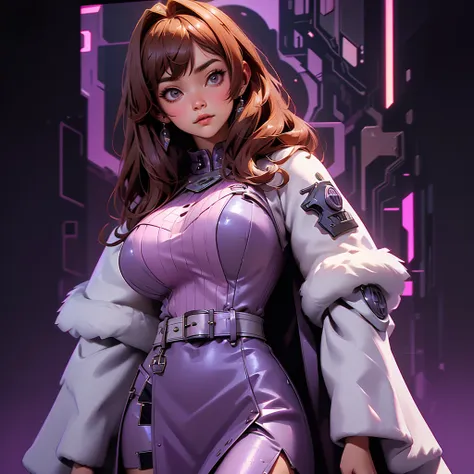 envision a 8k, highres, cinematic, beautiful close up portrait art of a woman with big breasts and wide hips with warm brown hair, long bangs, purple eyes, Military Dress, Tactical Skirt, Fluffy short Cape, cyberpunk armor, Tactical accessories, sunglasses...