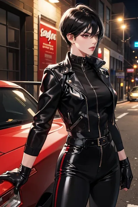 A muscular mature woman with short black hair standing on the street at night wearing a black leather jacket, black patent leather leggings, and red patent leather gloves　Prostitute　tobacco