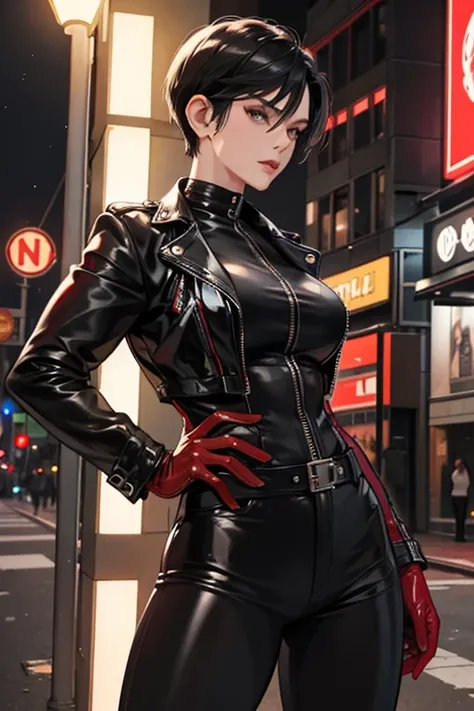 A muscular mature woman with short black hair standing on the street at night wearing a black leather jacket, black patent leather leggings, and red patent leather gloves　Prostitute　tobacco