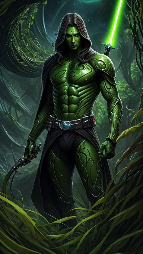 extraterrestrial male being, slender, shiny green skin, large black eyes, long tentacle hair, seductive smile, defined, provocat...