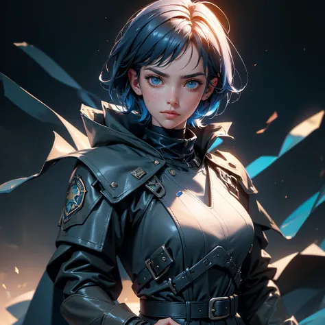 envision a 8k, highres, cinematic, beautiful close up portrait of a Slender tomboy with short dark blue hair, long bangs, blue eyes, freckles, Military Jacket, Tactical Tight Pants, Black Cape, Riot Gear Police accessories, Long Leather Boots, Sword on bac...