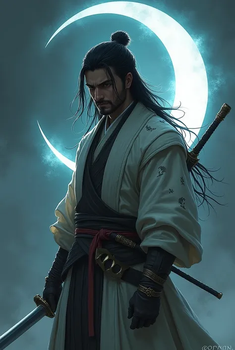 Elden Ring inspired, dark souls inspired, eastern warrior, light armor, crescent moon theme outfit, one hand katana, male character, long black hair, small beard, depressed, crescent moonlight sword, crescent moon background