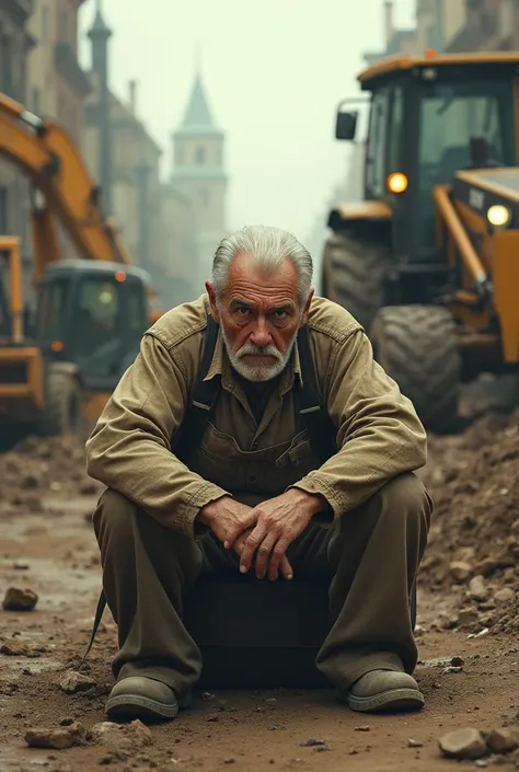 Animation An old man sitting dejectedly in work clothes on a construction site with machinery in the background