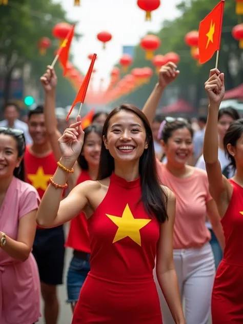 Prompt: "A lively celebration scene with a group of about 9 people of various ages and genders, all smiling and holding Vietnamese flags. They are wearing a mix of traditional áo dài and modern clothing. The background is set in Nguyen Hue Walking Street i...