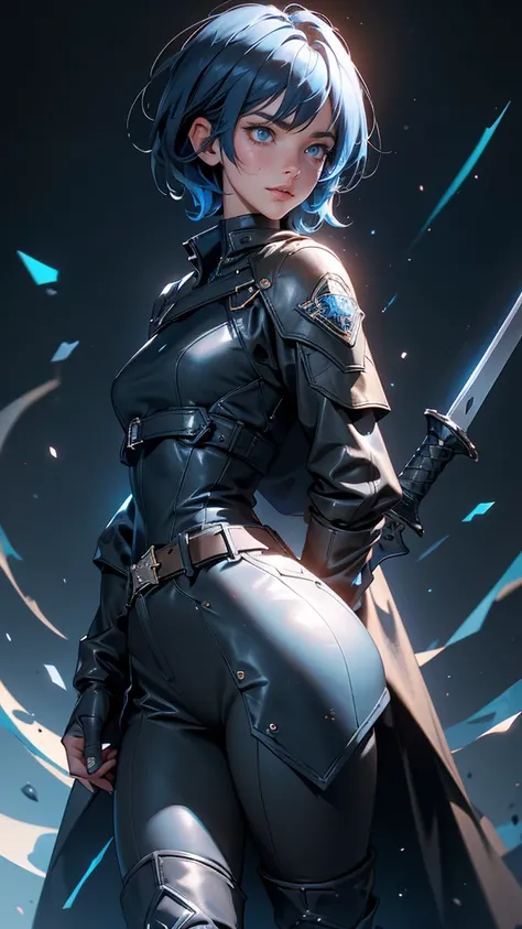 envision a 8k, highres, cinematic, beautiful full body splash art of a Slender tomboy with short dark blue hair, long bangs, blue eyes, freckles, Military Jacket, Tactical Tight Pants, Black Cape, Riot Gear Police accessories, Long Leather Boots, Sword on ...