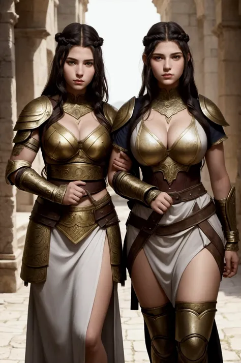 two females, french sisters of different ages portrait, break: older sister detailed face, lesbians, curvy, tall, warriors roman, french style, determined break: young sister detailed face,  warriors roman, french style, determined, full body.