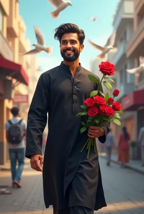 A boy, age 20, smile in her face, have mideum beard in his face, and dresses black panjabi,walk in the street, a red rose in her hand, bird flying, 