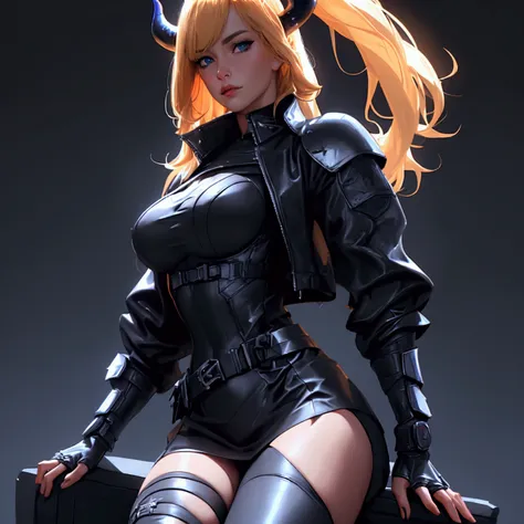 envision a 8k, highres, cinematic, beautiful close up portrait of a Sexy Mature Milf Woman with blonde hair, long bangs, blue eyes, Military Gear, Apex Legends, black leotard, Devil Horns, Devil Wings, Devil Tail Tactical Skirt, Torn Tights, Cyberpunk armo...