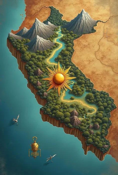 A map of Peru with the Andean mountains and the Amazon River. In the middle, the symbol of the Sun, representing the Inca god.
