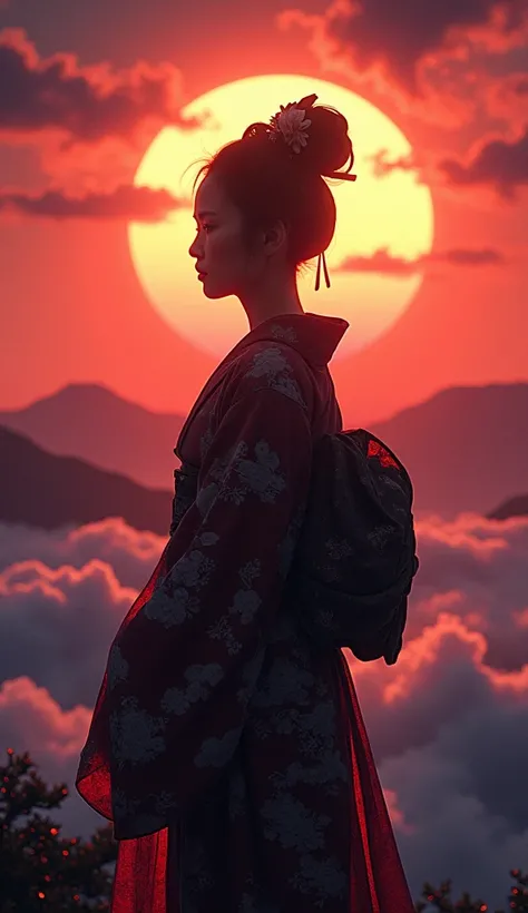 Backlight, geisha, Sunset, dramatic, ancient japan, Light and shadow, Emphasized contours