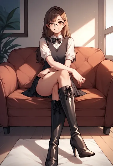 score_9, score_8_up, score_7_up, score_6_up, score_5_up, score_4_up, source_anime, 1girl,lora:amber1-000008:1>, amber5star, upper body, smile, brown hair, long hair, brown eyes, glasses, white blouse, black vest, knee high boots, tall stilletos, black boot...