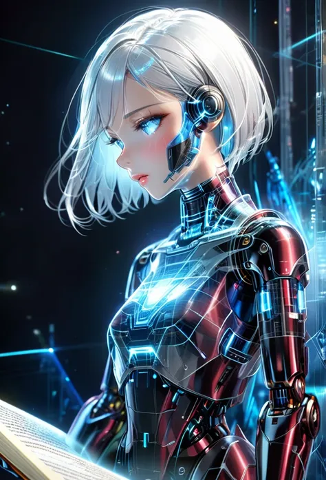 Ultra HD3DCGコンセプトアート. An android girl reads a book in a cybernetic space、The girl looks like、From the neck down, everything is made of machinery.、Beautiful white hair, short hair、Breathtakingly beautiful blue eyes, lips and skin、Android body with realistic...