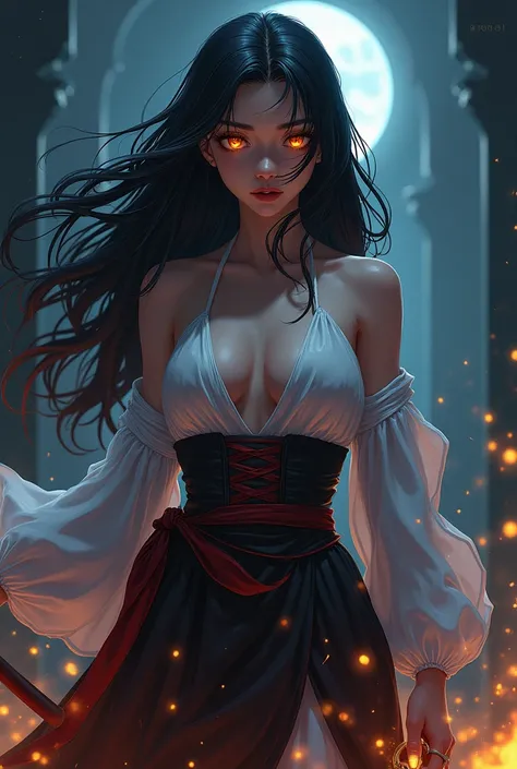 Anime demon slayer woman with wavy black hair and golden eyes 