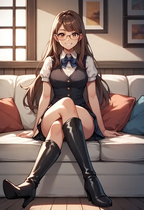 score_9, score_8_up, score_7_up, score_6_up, score_5_up, score_4_up, source_anime, 1girl,lora:amber1-000008:1>, amber5star, upper body, smile, brown hair, long hair, brown eyes, glasses, white blouse, black vest, knee high boots, tall stilletos, black boot...