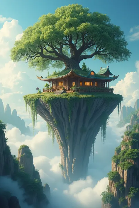 A heaven like environment, earthlike dimension floating above the clouds (big tree house) splendid, dark-light shining