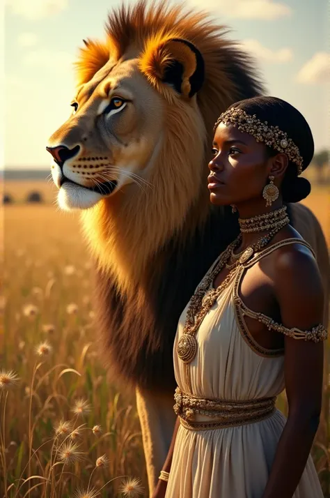 Beautiful African woman next to a lion