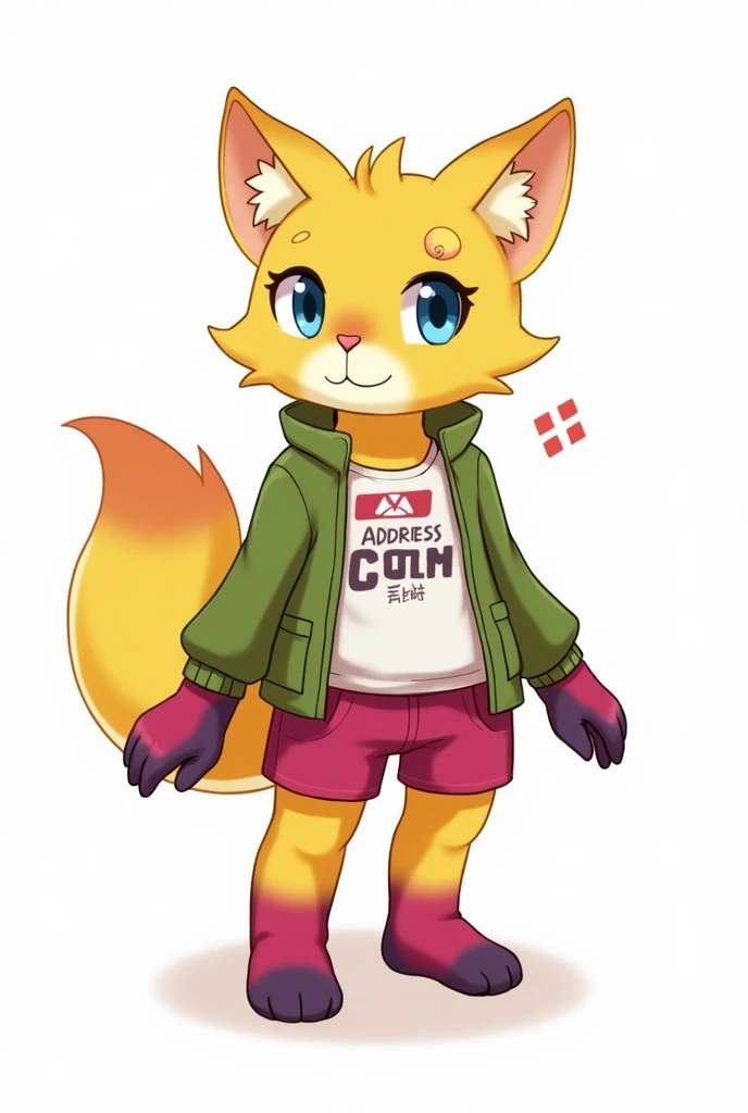 Furry yellow cat half fox, address shirt, green sleeveless jacket, shorts magenta, Half magenta half dark purple gloves, blue eyes, left eye with a vertical scar