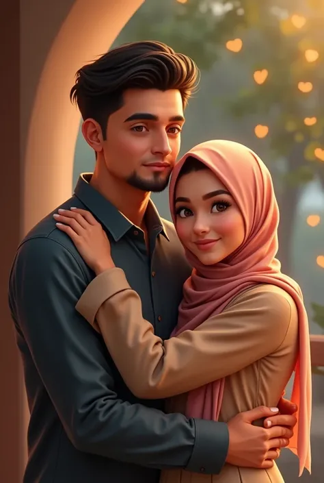 Malay man goatee hugging a beautiful malay girl hijabi while both see front