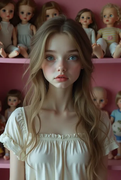 realistic photo of a young woman who looks very much like a fragile doll. Her eyes are large and blue, her hair is light brown and silky like velvet, and she is dressed like a porcelain doll inside a pink room that has several dolls on the shelves and othe...